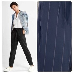 NWT Express Navy Pinstripe Ankle High Rise Belted Paperbag Pants 4